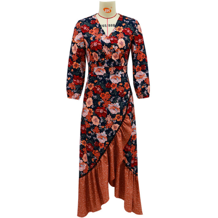 Fashionable Elegant Bohemian Floral V Neck Ruffle Beach Maxi Dress