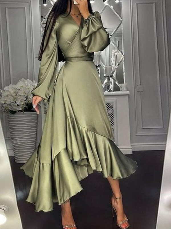 Women's V Neck Long Sleeve Solid Color Slim Fit Ruffle A Line Elegant Casual Maxi Dress