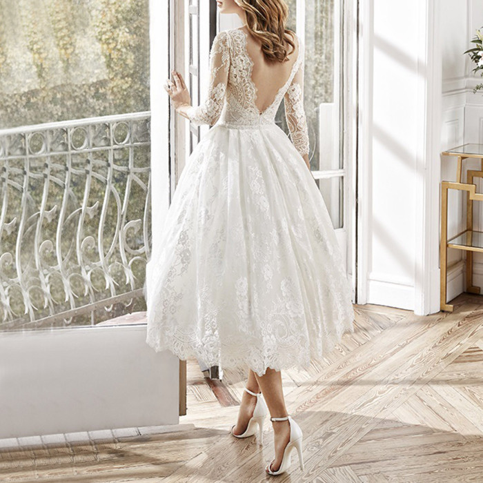 Wedding Dress White Lace Solid Color Long Sleeves A-Line Fashion Party Elegant Prom Dress