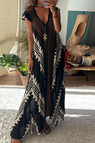 Summer Casual Party Loungewear Print Vintage Deep V Neck Maxi Dress