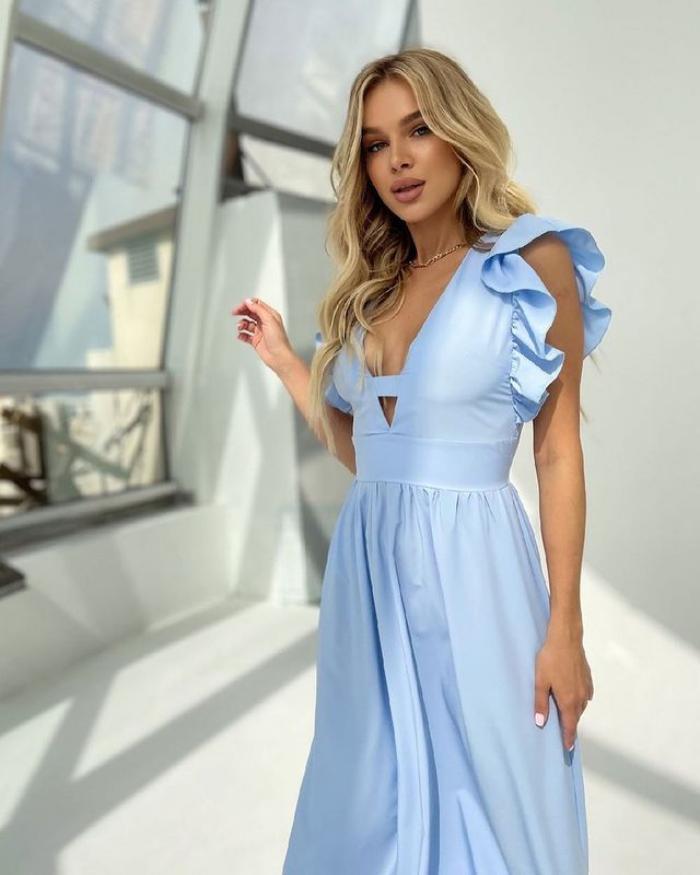 Women Sexy Party Ruffle Office Summer V Neck Solid  Maxi Dress