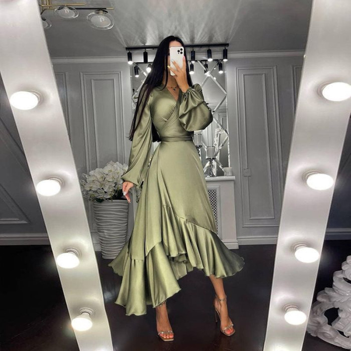 Women's V Neck Long Sleeve Solid Color Slim Fit Ruffle A Line Elegant Casual Maxi Dress