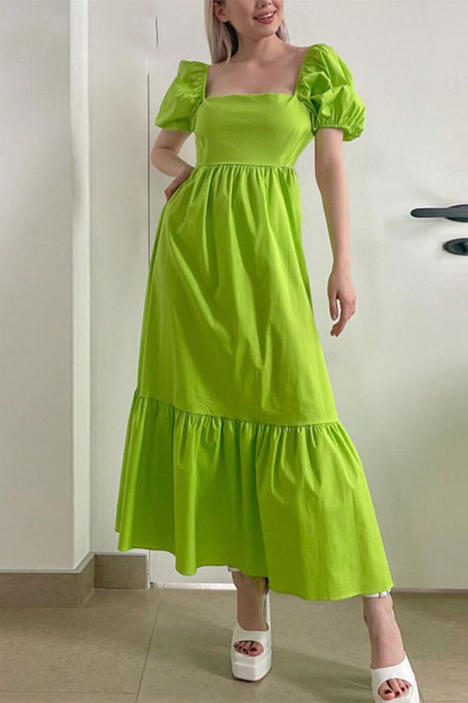 Summer Women Fashion Elegant Solid Color Pleated Elegant Ruffle Maxi Dress