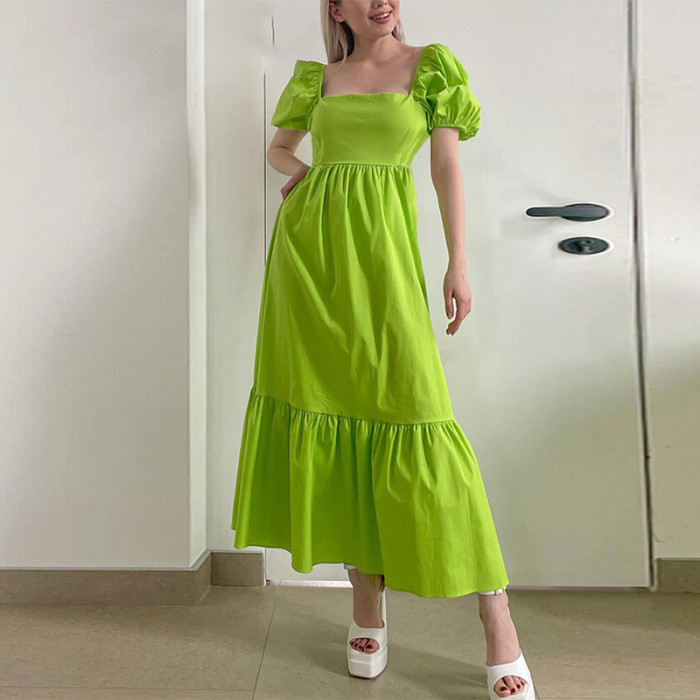 Summer Women Fashion Elegant Solid Color Pleated Elegant Ruffle Maxi Dress