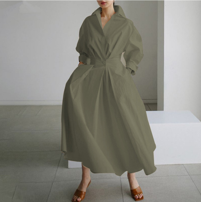 Cotton Linen Solid Color Shirt Stitching Casual Work High Waist Loose Party Maxi Dress
