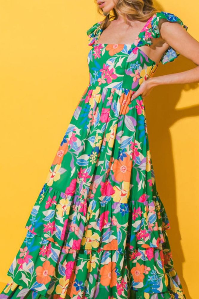 Women's Fashion Summer Printed Barrel Neck Waist Neck Party Elegant Pleated Maxi Dress