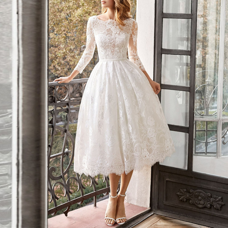 Wedding Dress White Lace Solid Color Long Sleeves A-Line Fashion Party Elegant Prom Dress