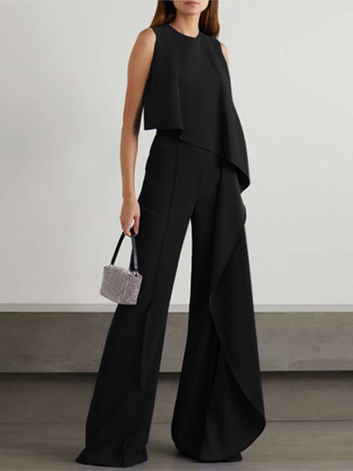 O Neck Sleeveless Solid Color Irregular Elegant Skinny Fashion Casual Straight Jumpsuit