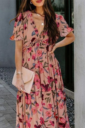 Summer Women's Fashion Retro Sexy V-neck Temperament Floral  Maxi Dress