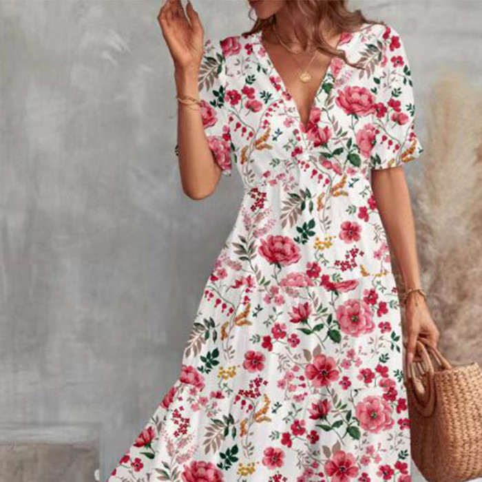 Summer Women's Fashion Retro Sexy V-neck Temperament Floral  Maxi Dress