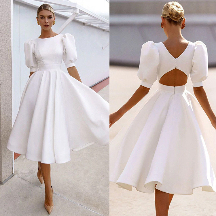 Fashion Solid Color Slim Sexy Short Sleeve A Line Party Elegant Midi Dress