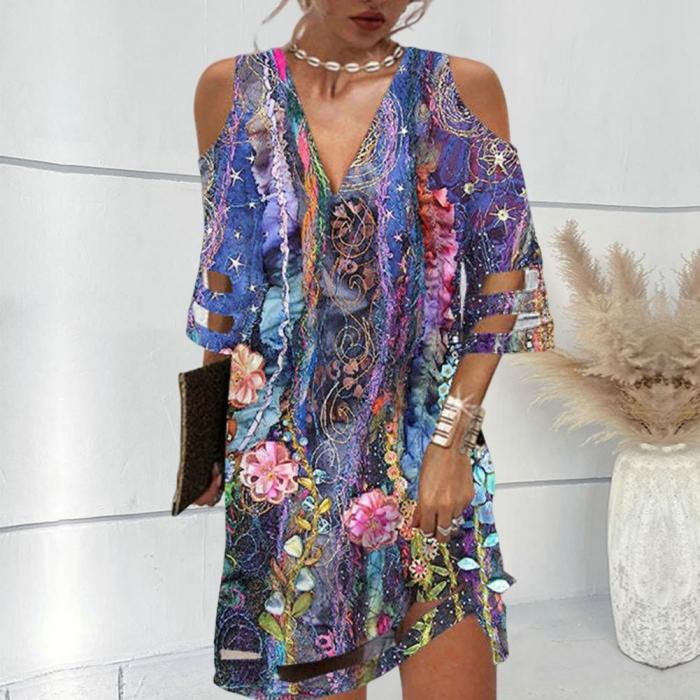 Summer Lace Cuff Hollow Out Short Sleeve Ladies Dress Floral Print Deep V Neck Mini Dress