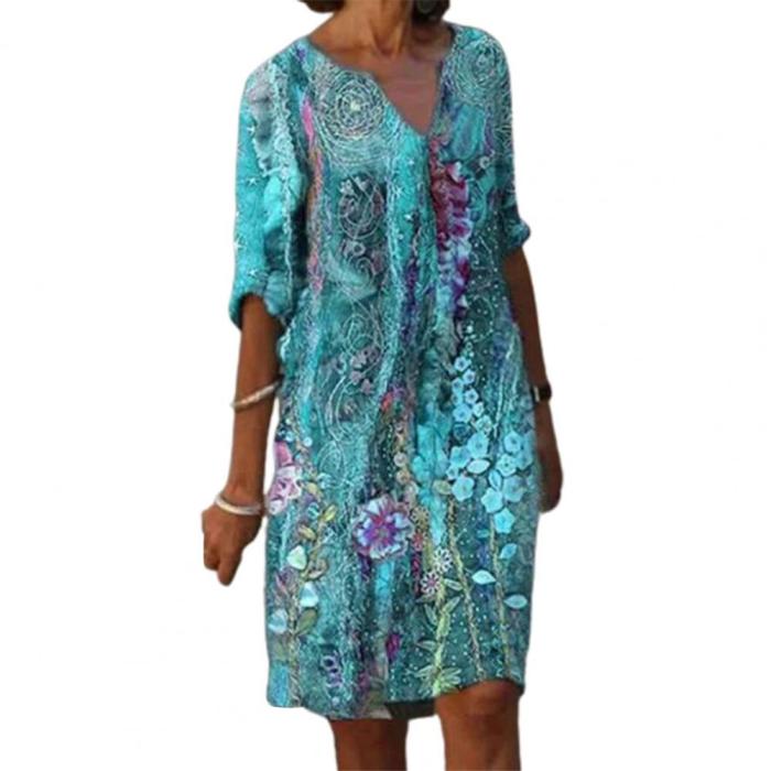 Vintage Women's Half Sleeve Casual Breathable Floral Print Bohemian Midi Dress