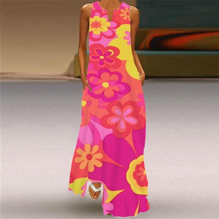 Fashion Summer Sexy Ladies Print V Neck Bohemian Swing  Maxi Dress
