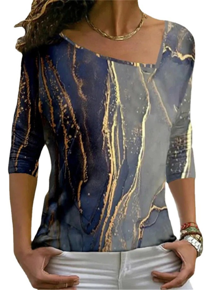 Women's Fashion Geometric Stripe Print Slash Neck Casual Long Sleeve Blouses
