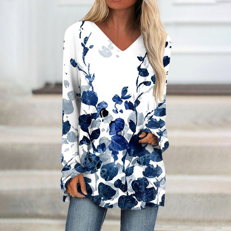 Women's Fashion Long Sleeve Printed V Neck Long Sleeve Top Casual Loose T-Shirts