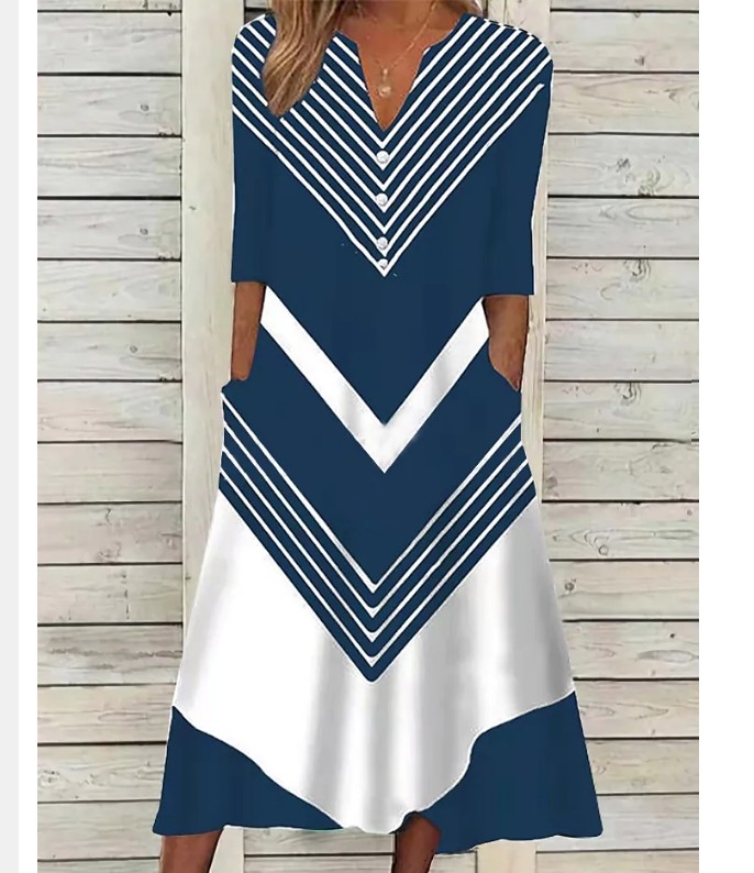Women's A Line White Stripe Half Sleeve Print V Neck Fashion Casual Midi Dress