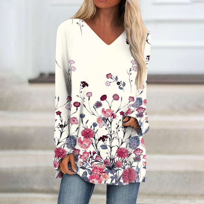 Women's Fashion Long Sleeve Flower Print V Neck Loose T-Shirts  Top