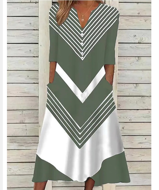 Women's A Line White Stripe Half Sleeve Print V Neck Fashion Casual Midi Dress