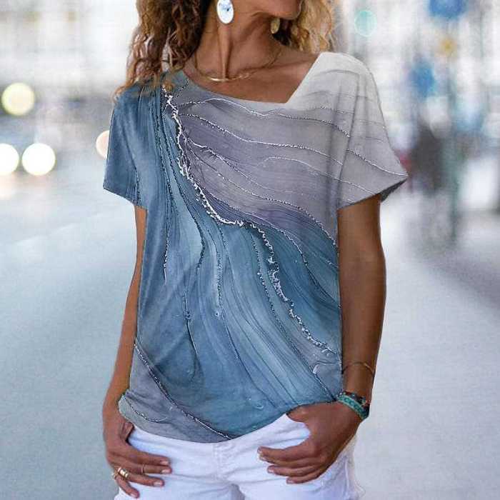 Women's Summer Loose Fashion Printed Fashion V Neck Short Sleeve Tops  Blouses