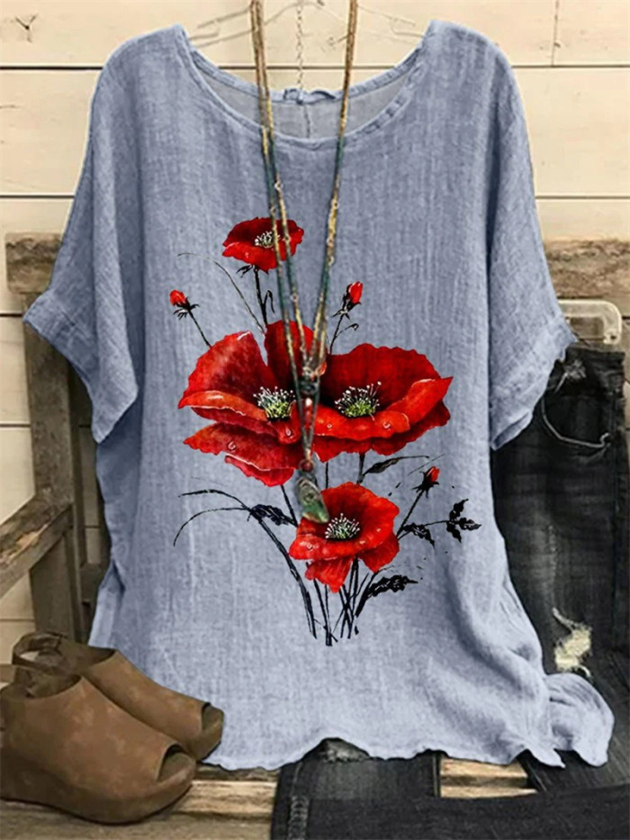 Summer Women's Fashion Printed Loose Short Sleeve Round Neck Blouses