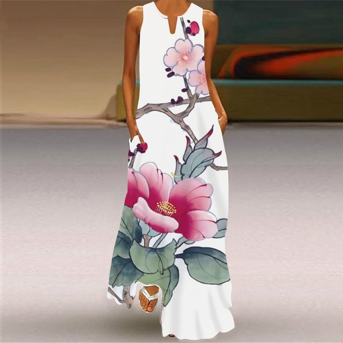 Fashion Summer Sexy Ladies Print V Neck Bohemian Swing  Maxi Dress