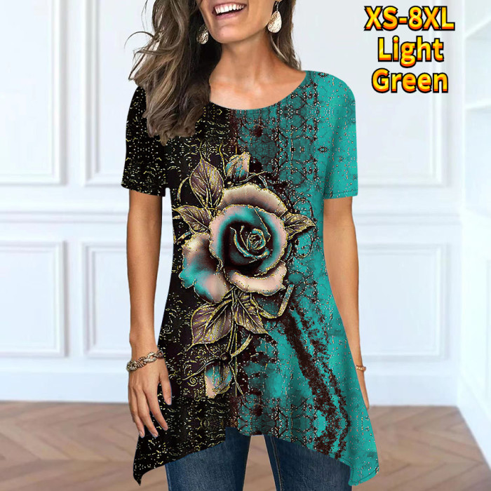 Elegant Short Sleeve Fashion Loose Women's Round Neck Floral Print  Blouses & Shirts
