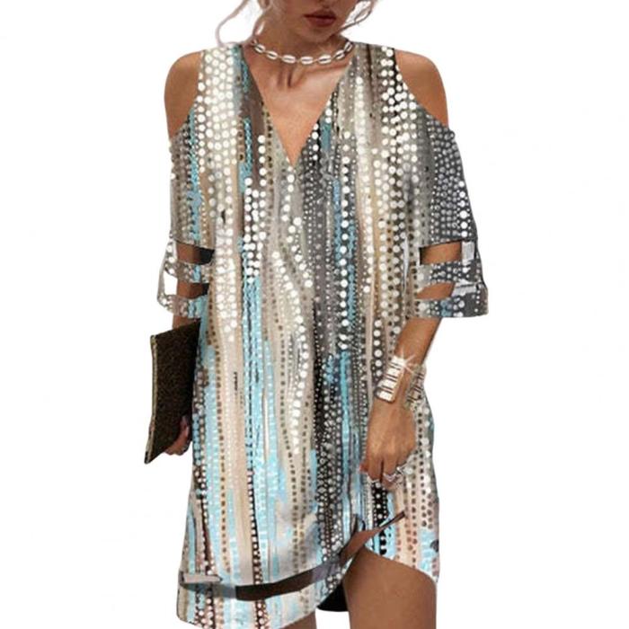 Summer Lace Cuff Hollow Out Short Sleeve Ladies Dress Floral Print Deep V Neck Mini Dress