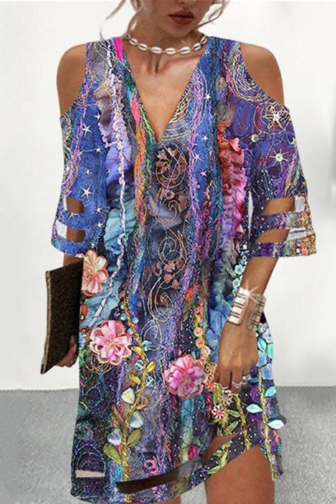 Summer Lace Cuff Hollow Out Short Sleeve Ladies Dress Floral Print Deep V Neck Mini Dress