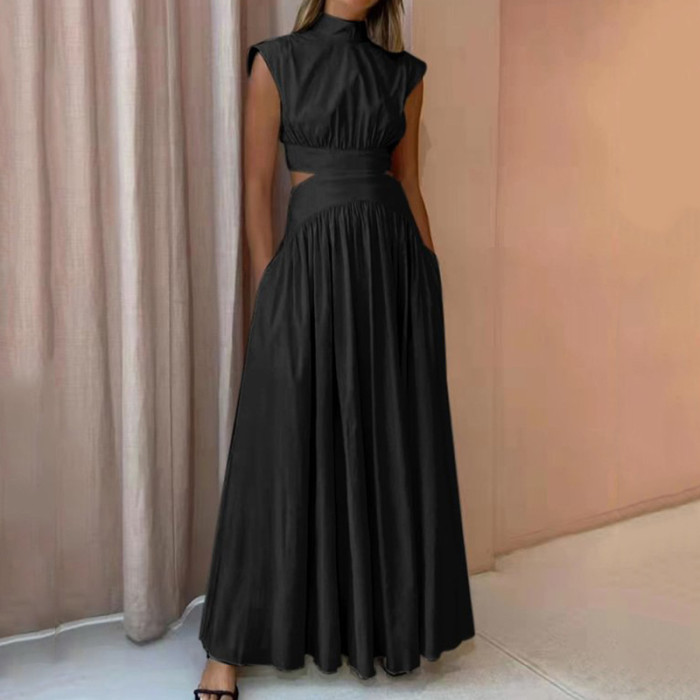 Fashion High Neck Solid Color Casual Sleeveless Hollow Out Office Elegant Pleated Party Maxi Dress