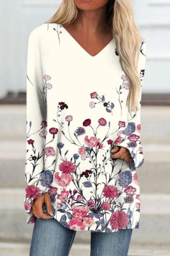 Women's Fashion Long Sleeve Flower Print V Neck Loose T-Shirts  Top