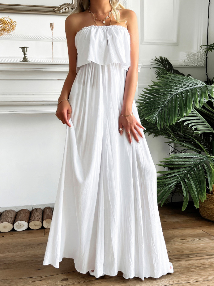 Cotton Fashion Summer Elegant Casual Ruffle Sleeveless A-Line Maxi Dress