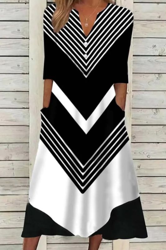 Women's A Line White Stripe Half Sleeve Print V Neck Fashion Casual Midi Dress