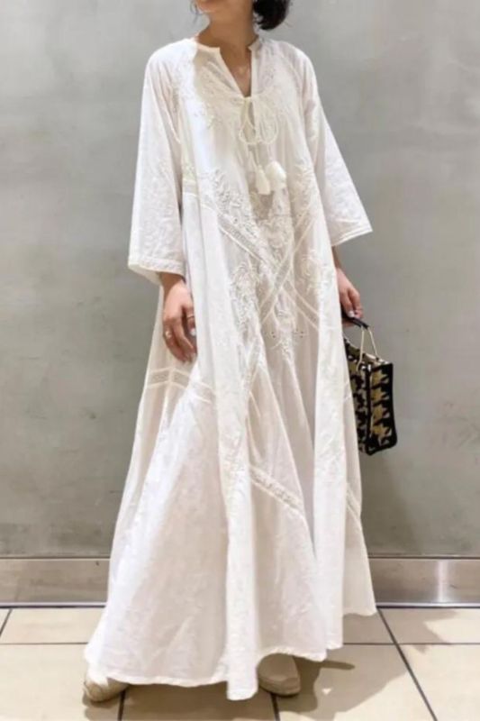 Women Fashion Party Summer Loose Embroidered Lace V Neck Elegant Holiday Maxi Dress