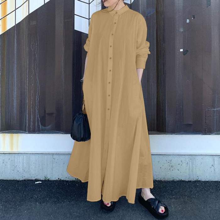 Women's Fashion Solid Color Round Neck Loose Casual Single Breasted  Maxi Dress