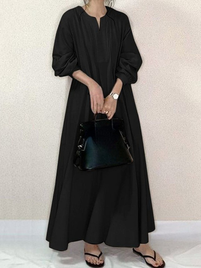 Summer Fashion Loose Fit Long Sleeve Solid Color Round Neck Maxi Dress