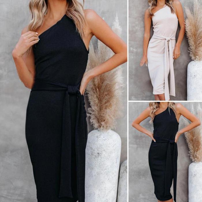 Women's Fashion Lace Up Waist Tight Hip Package Hip Off Shoulder Sleeveless Knit Midi Dress