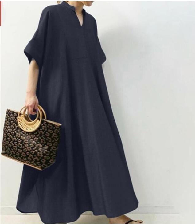 Women Summer Fashion Loose Short Sleeve Retro Solid Casual Maxi Dress