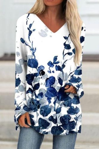 Women's Fashion Long Sleeve Printed V Neck Long Sleeve Top Casual Loose T-Shirts