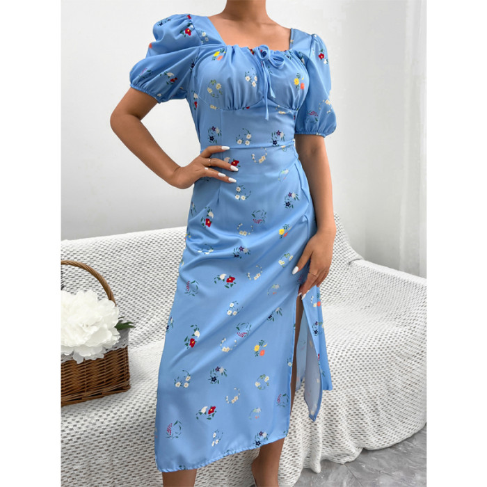 Holiday Summer Printed A-Line Design Square Neck Puff Sleeve High Waist Fashion Maxi Dress