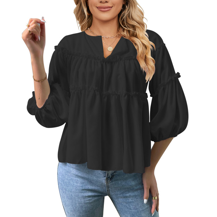 Summer Ladies Solid Color Fashion Casual Balloon Sleeve Blouses & Shirts Tops