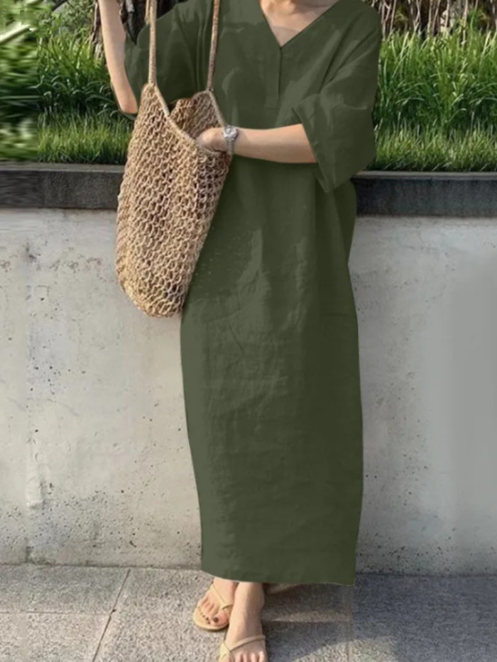 Women's Casual Solid Color V Neck Loose Fashion Elegant Loose Midi Dress
