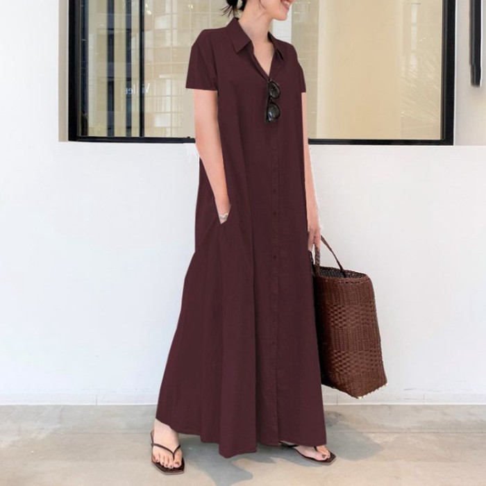 Summer Casual Fashion Ladies Cotton Linen Solid Color Lapel Pocket Simple Shirt Maxi Dress
