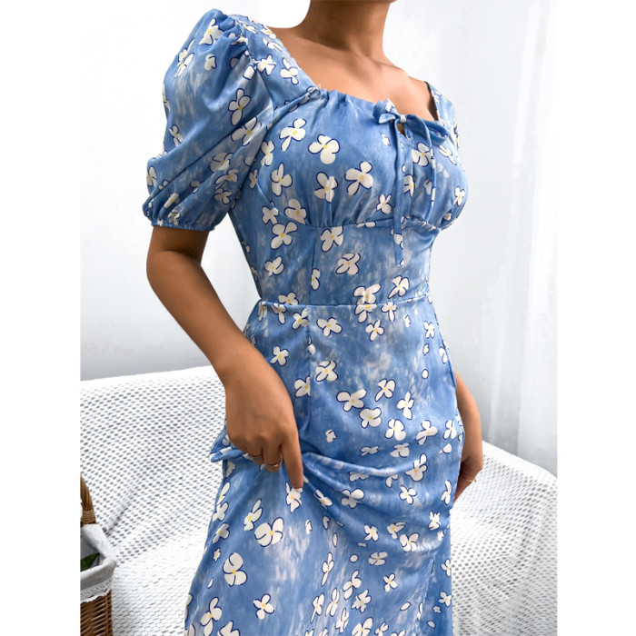 Holiday Summer Printed A-Line Design Square Neck Puff Sleeve High Waist Fashion Maxi Dress