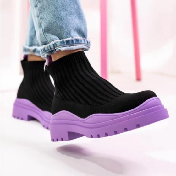 Women's Shoes Fashion Round Toe Mid Heel Knit Stretch Casual Wool  Ankle Boots