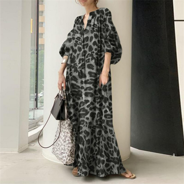 Fashion Print Puff Sleeve V Neck Loose Casual  Maxi Dress