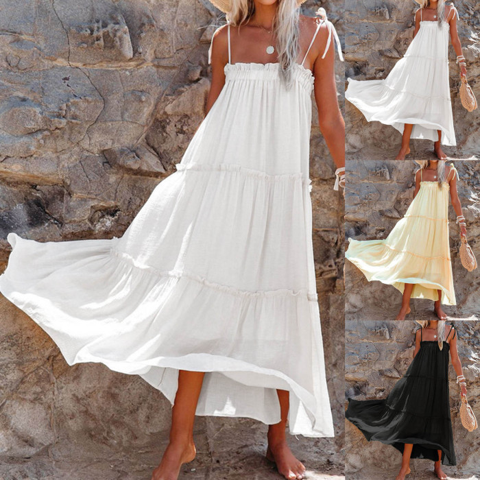 Women's Fashion Summer Beach Retro Simple Cotton Casual Loose Sleeveless Maxi Dress