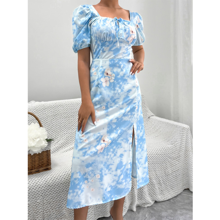 Holiday Summer Printed A-Line Design Square Neck Puff Sleeve High Waist Fashion Maxi Dress