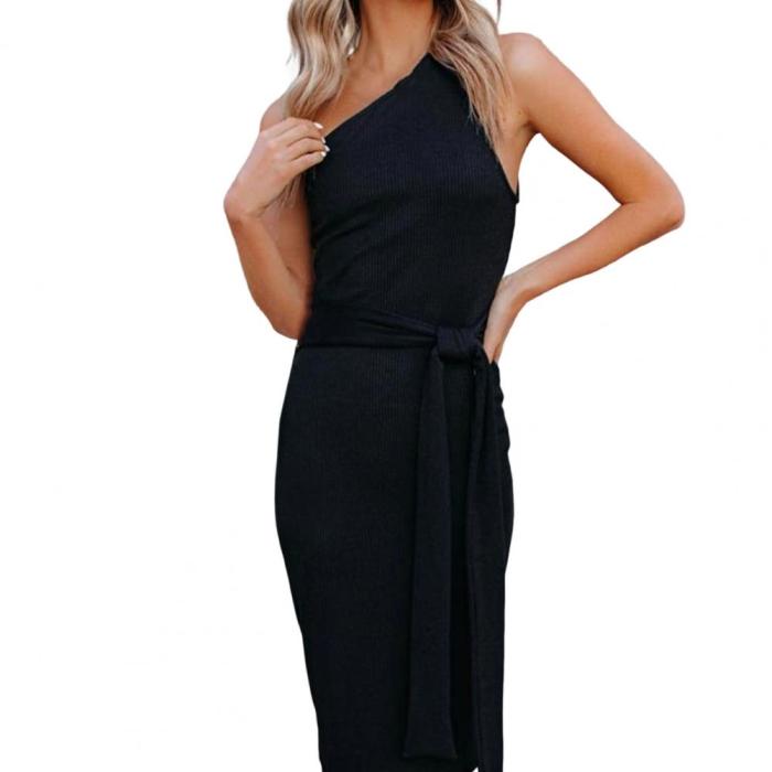 Women's Fashion Lace Up Waist Tight Hip Package Hip Off Shoulder Sleeveless Knit Midi Dress