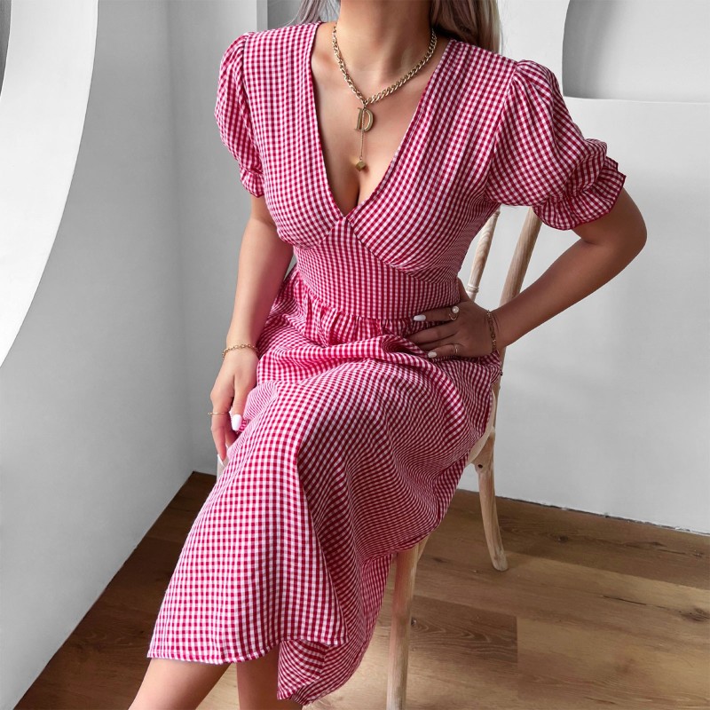 Women's Fashion Elegant Casual Sexy Plaid V Neck  Midi Dress